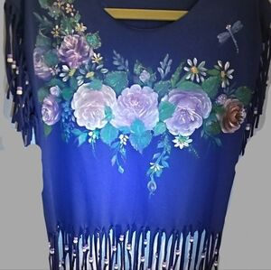 Painted tee with roses and hand cut fringe with metallic beads, painted Tee Art